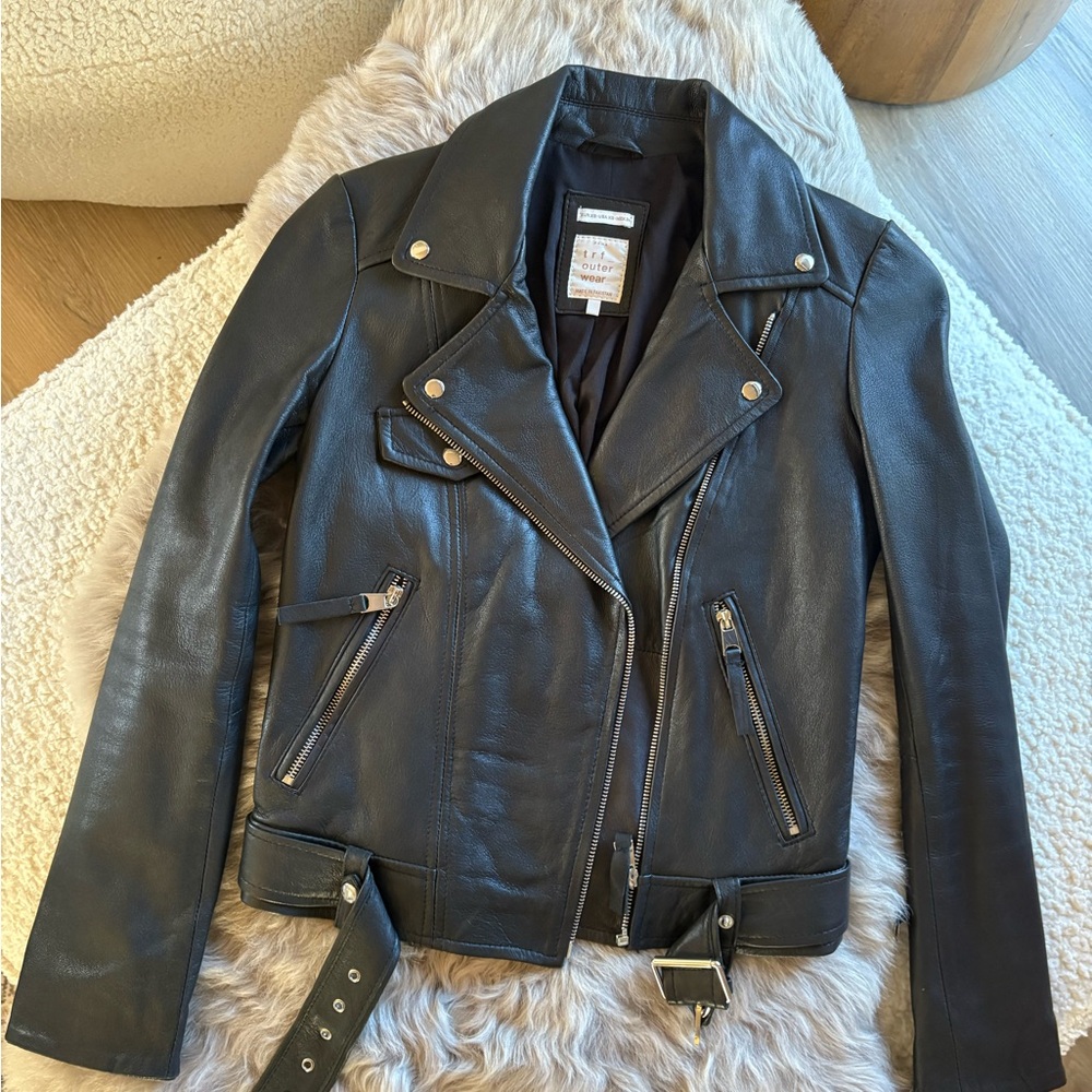 Zara Black Leather Cropped Biker Motocycle Jacket Belted Women's Size S